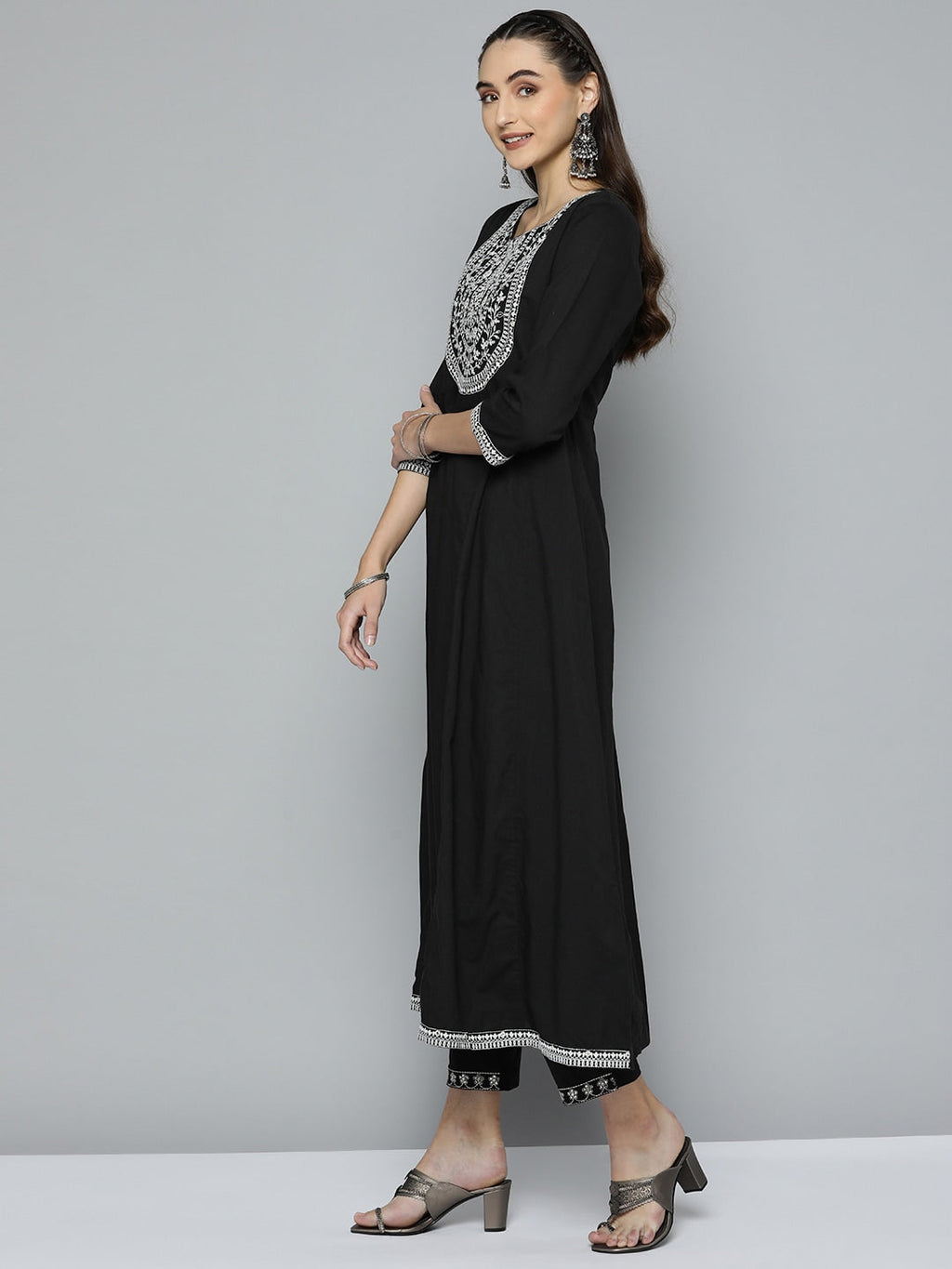 HERE&NOW Women Black Ethnic Motifs Embroidered Kurta with Trousers & With Dupatta