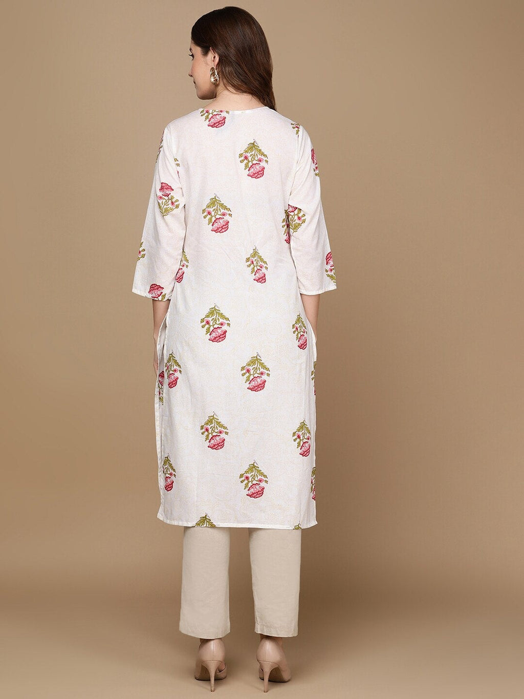 HERE&NOW White & Pink Floral Printed Pure Cotton Kurta