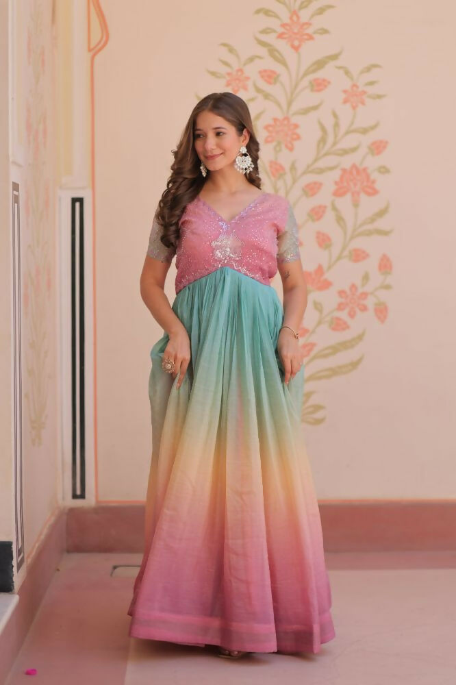 Vastranavya Lavender Gold Crush Padding With Beads Embroidered Work Gown