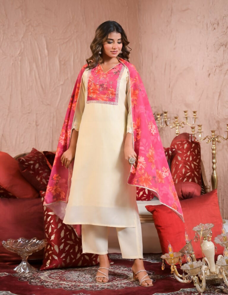 Ethnic Festive Wear Chanderi With Lining White & Pink Stitched Suit With Dupatta - Tanisha