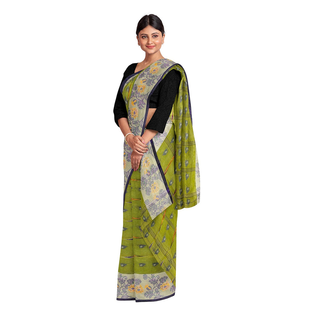 Exclusive Collection 100% Pure Cotton Olive Tant Saree With Hand Weaving Work