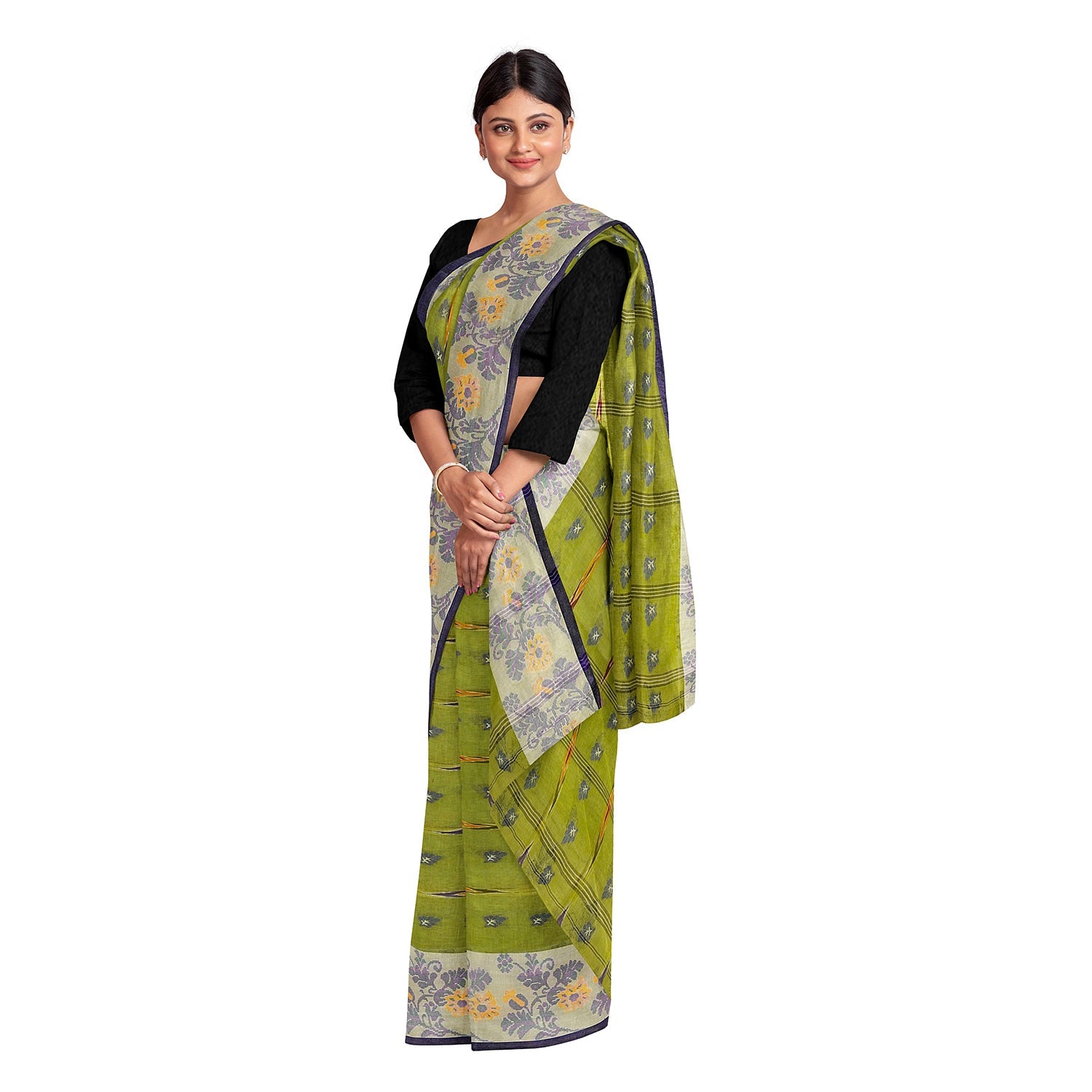 Exclusive Collection 100% Pure Cotton Olive Tant Saree With Hand Weaving Work