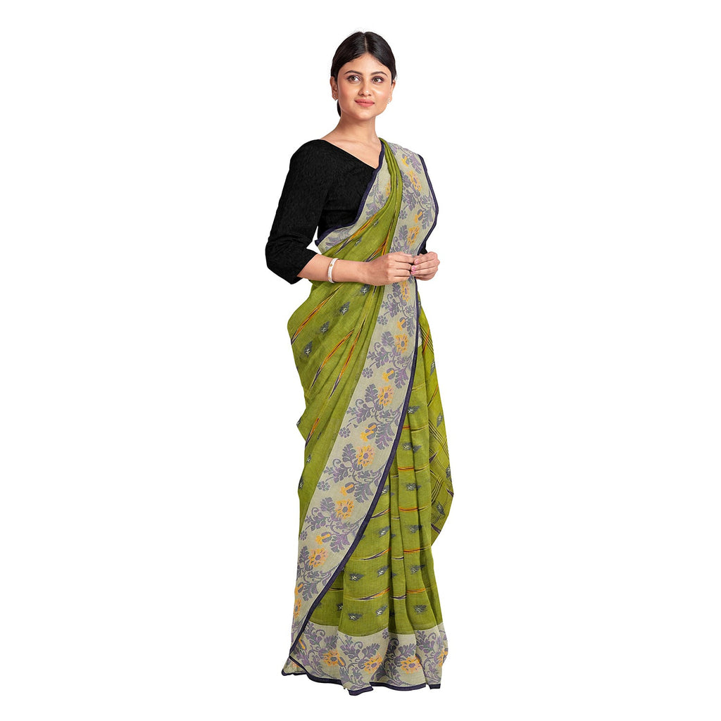 Exclusive Collection 100% Pure Cotton Olive Tant Saree With Hand Weaving Work