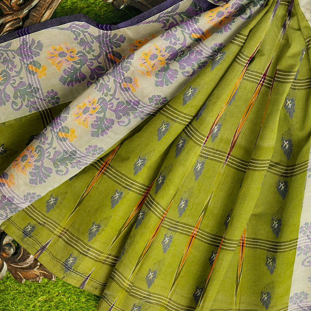 Exclusive Collection 100% Pure Cotton Olive Tant Saree With Hand Weaving Work