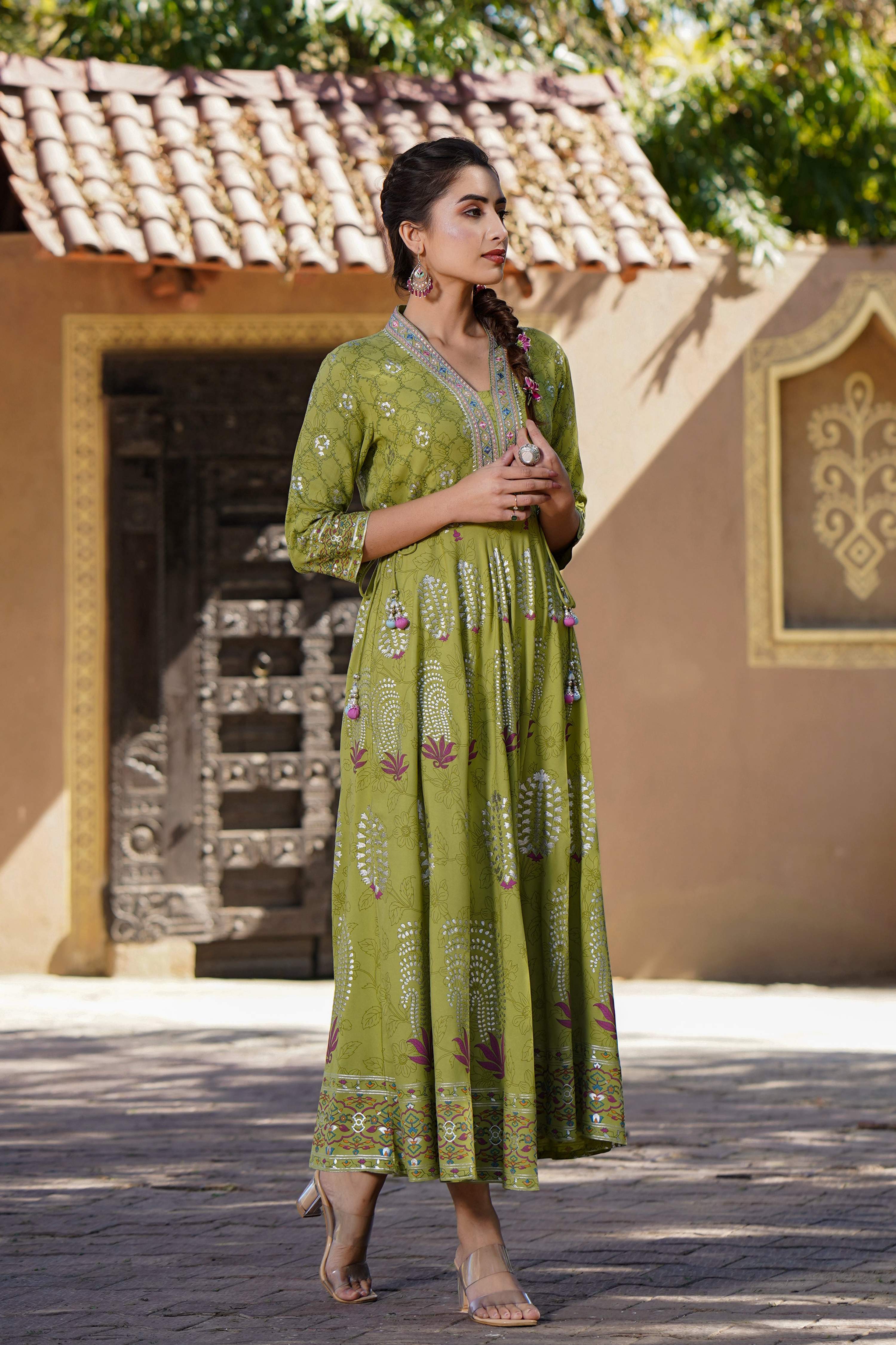 Juniper Womens Green Rayon Foil Printed Circular Maxi Dress With Mirror Embroidery