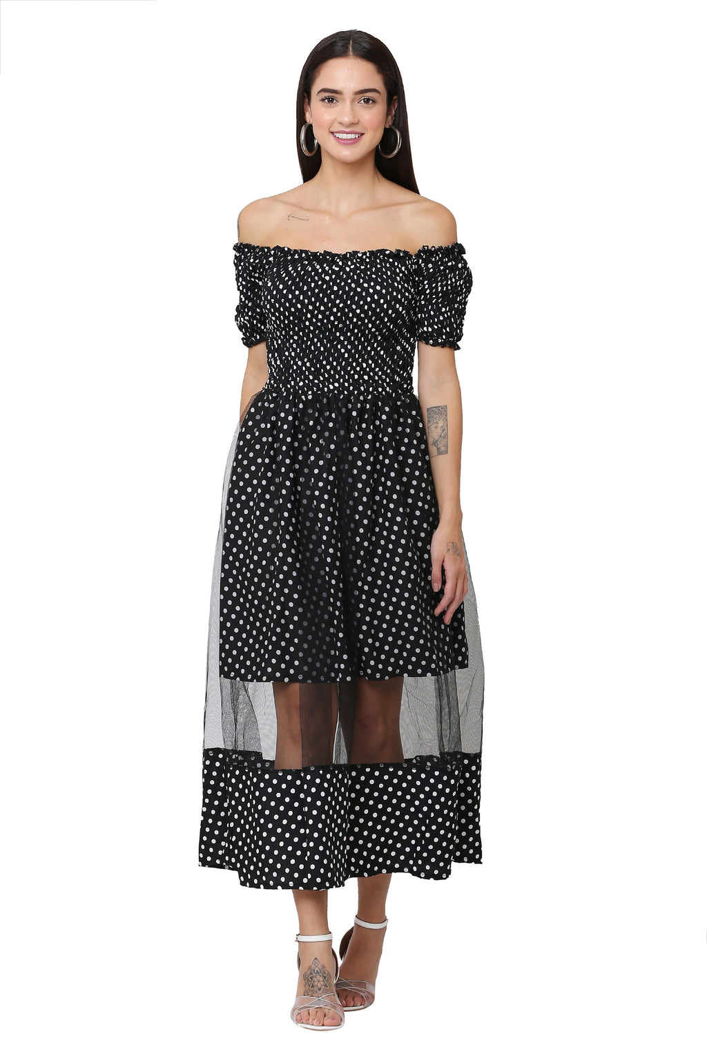 PAVONINE Black Color Polka Dot Net Kansai Dress For Women