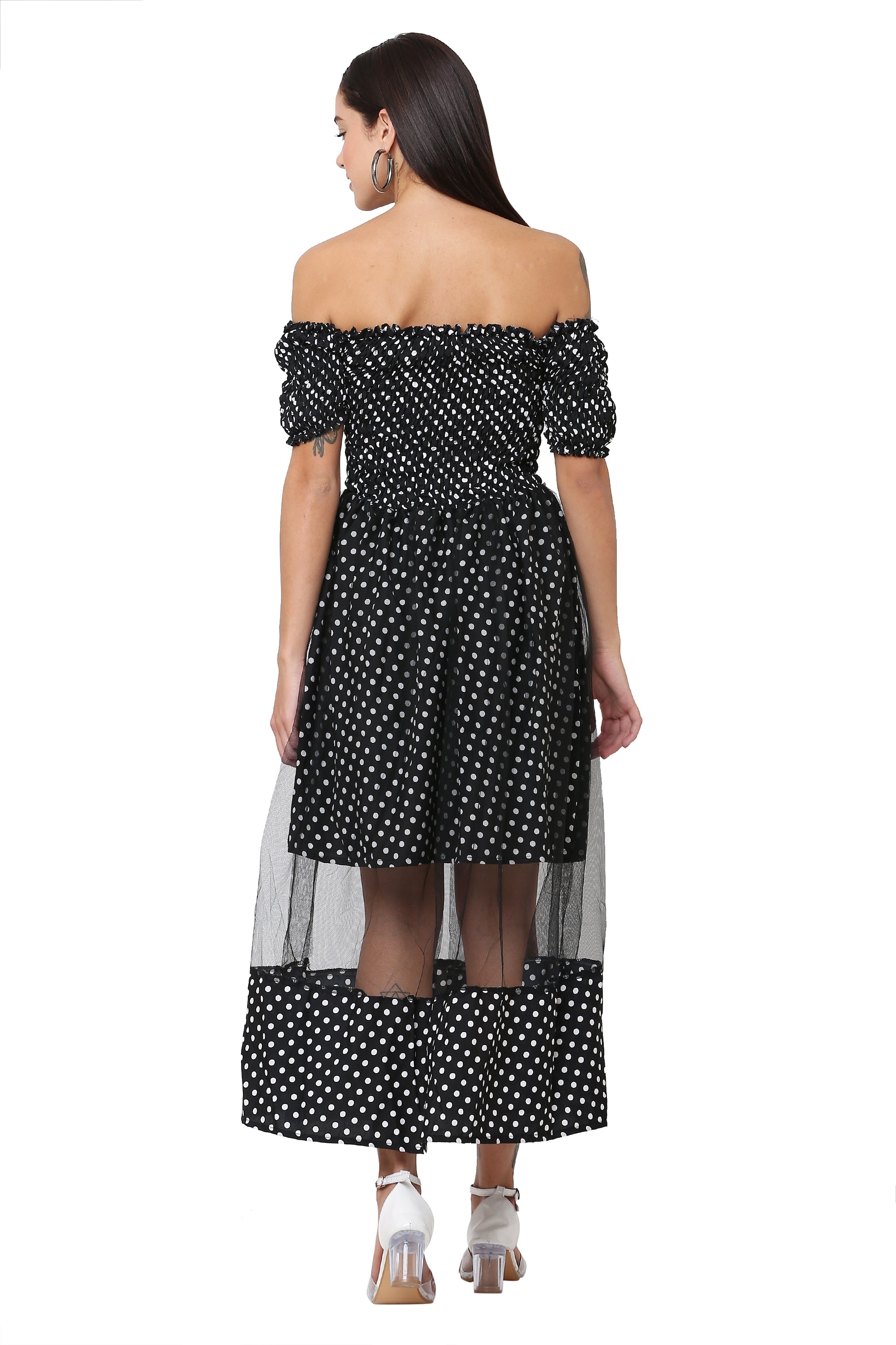 PAVONINE Black Color Polka Dot Net Kansai Dress For Women
