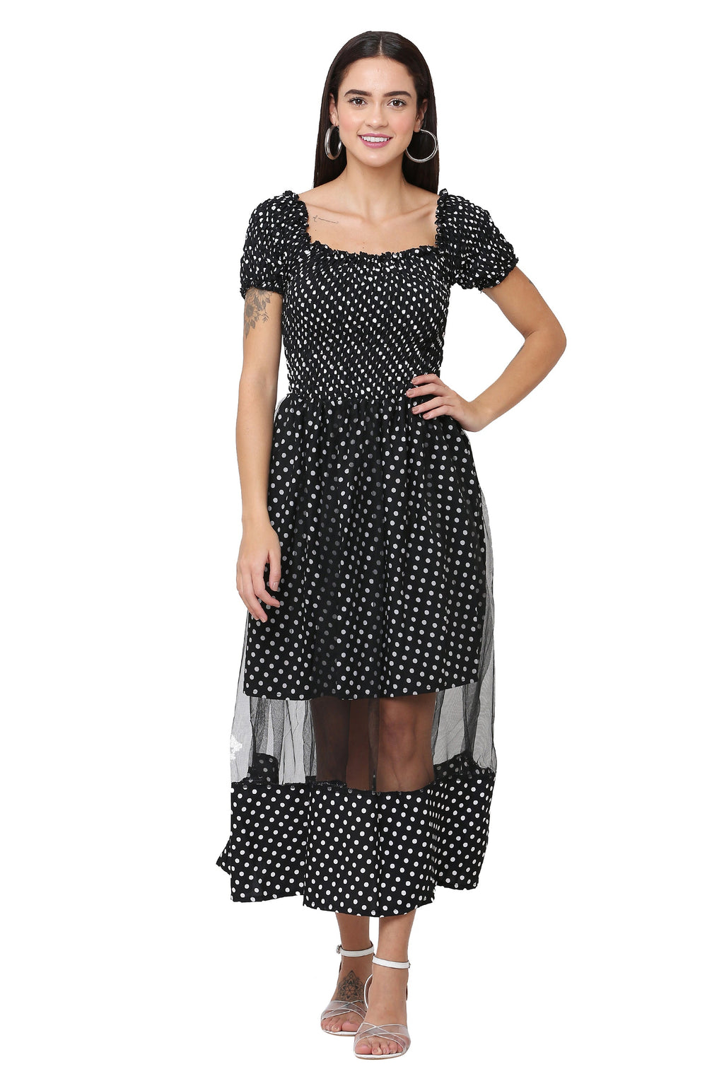 PAVONINE Black Color Polka Dot Net Kansai Dress For Women