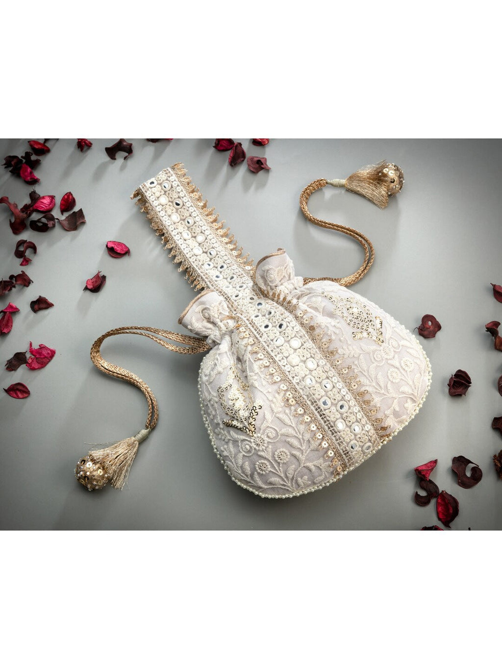 Masq Off White & Gold-Toned Embellished Embroidered Potli Clutch