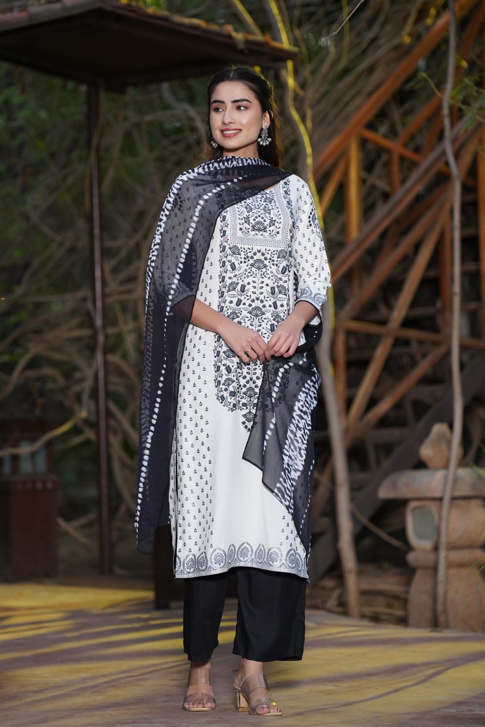 Juniper Womens White Rayon Floral Glitter Placement Printed Straight Kurta With Solid Bottom And Printed Dupatta Set