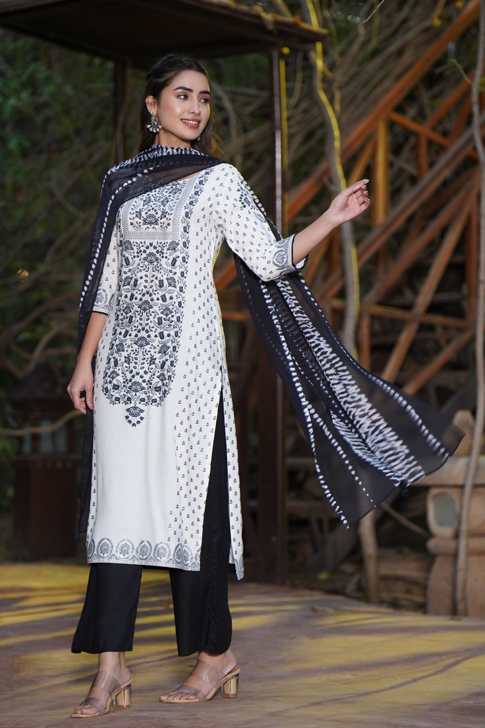 Juniper Womens White Rayon Floral Glitter Placement Printed Straight Kurta With Solid Bottom And Printed Dupatta Set