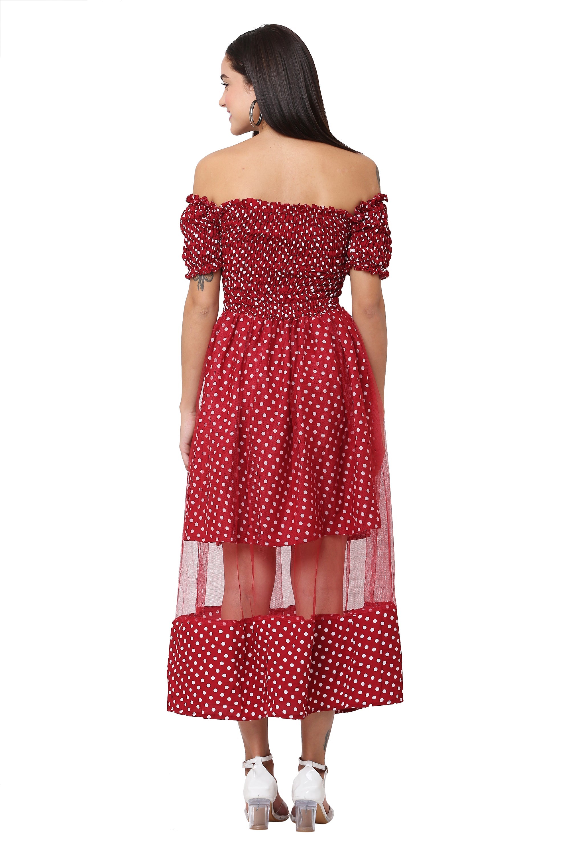 PAVONINE Maroon Color Polka Dot Net Kansai Dress For Women
