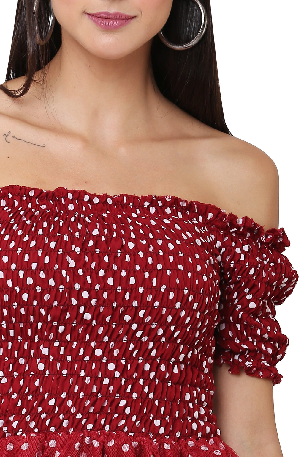 PAVONINE Maroon Color Polka Dot Net Kansai Dress For Women