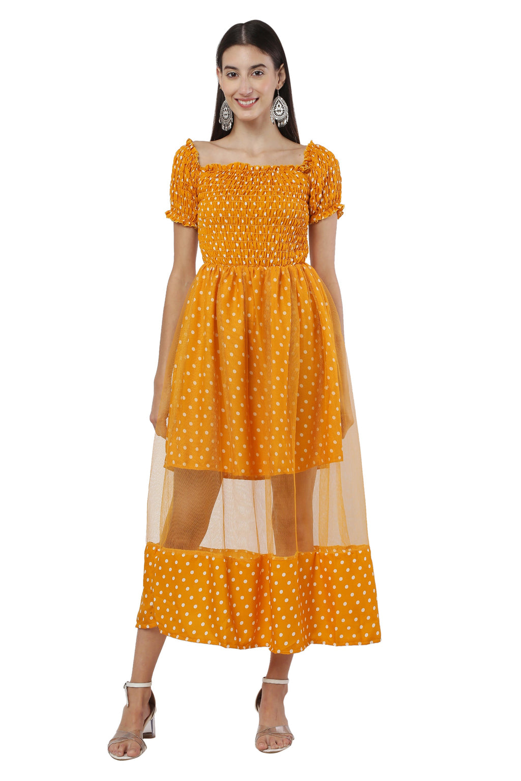 PAVONINE Mustard Color Polka Dot Net Kansai Dress For Women