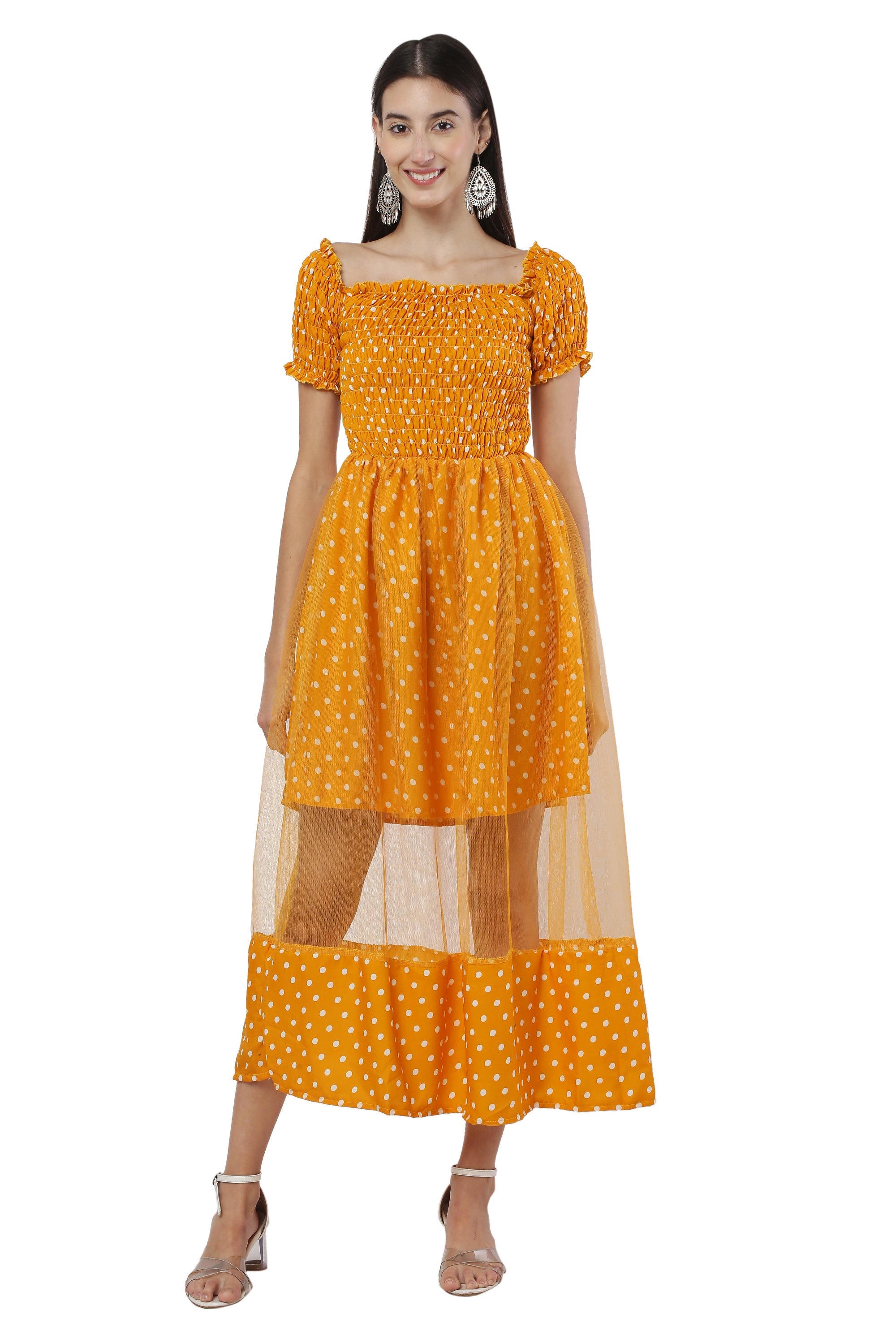 PAVONINE Mustard Color Polka Dot Net Kansai Dress For Women