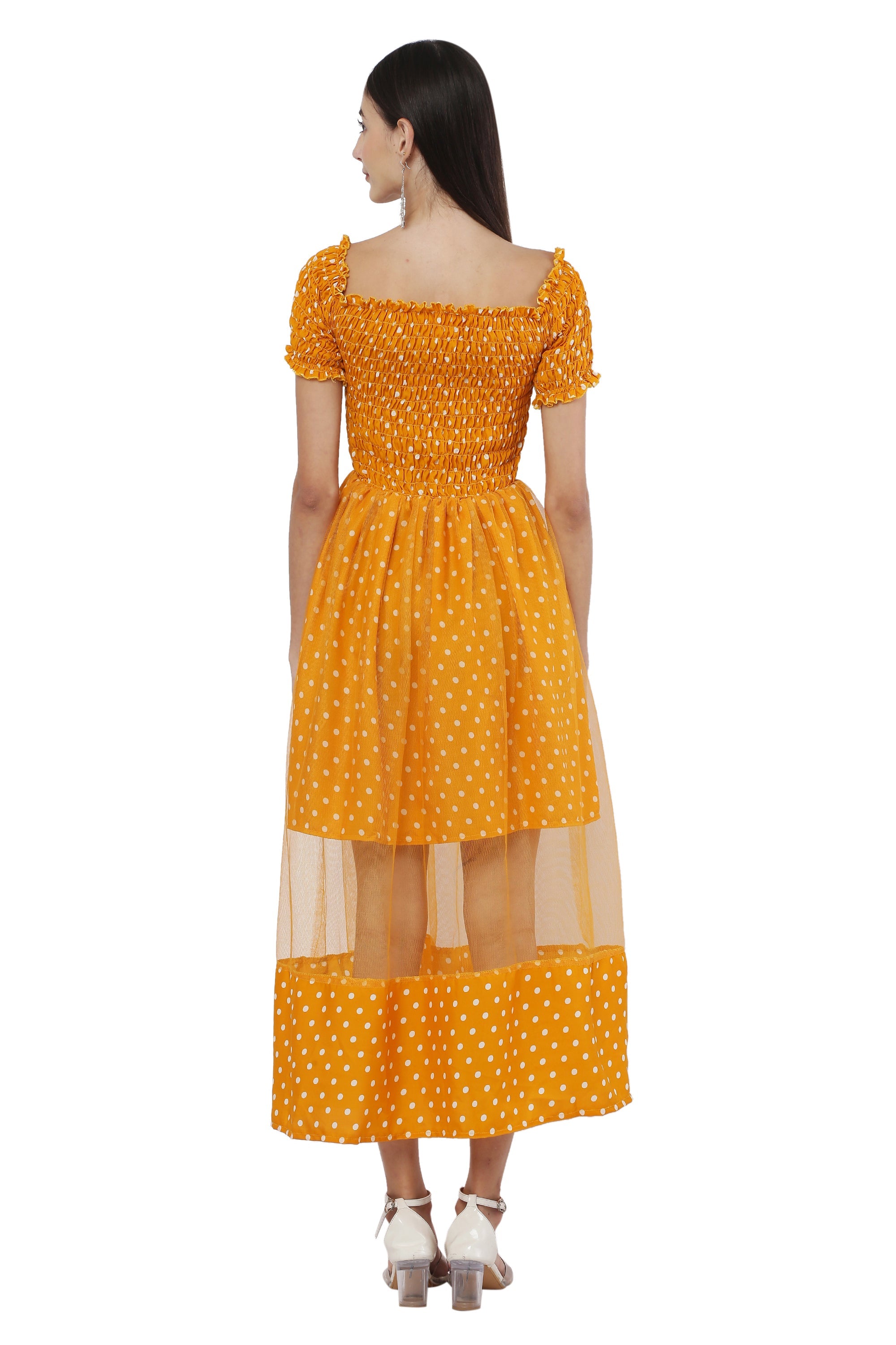 PAVONINE Mustard Color Polka Dot Net Kansai Dress For Women