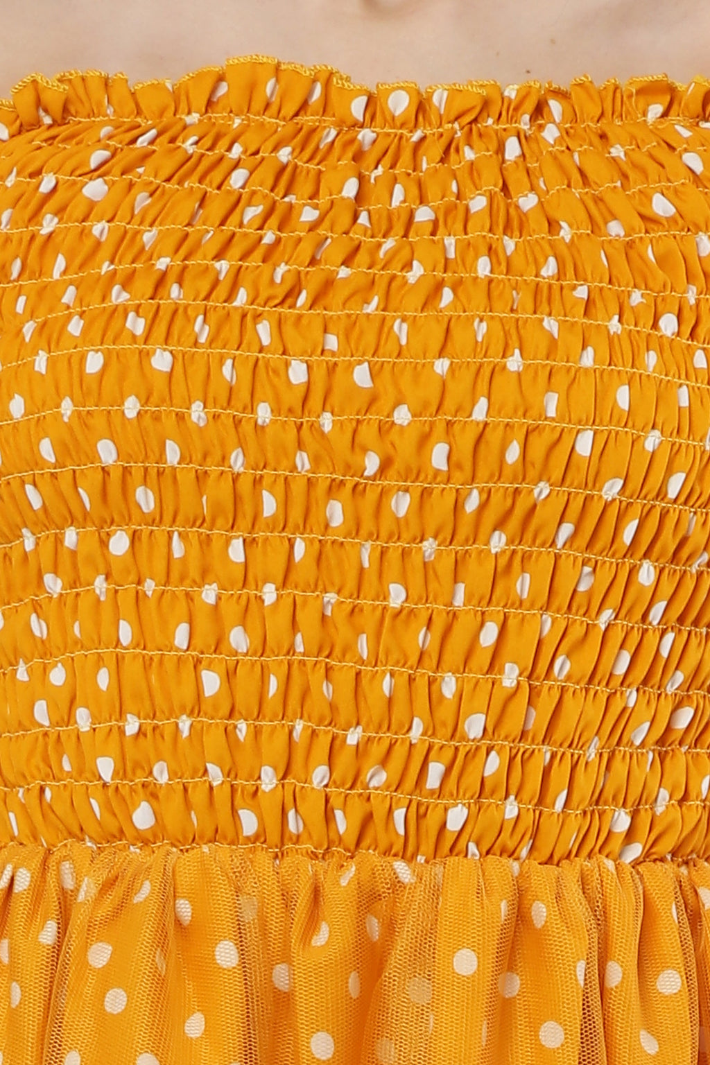 PAVONINE Mustard Color Polka Dot Net Kansai Dress For Women