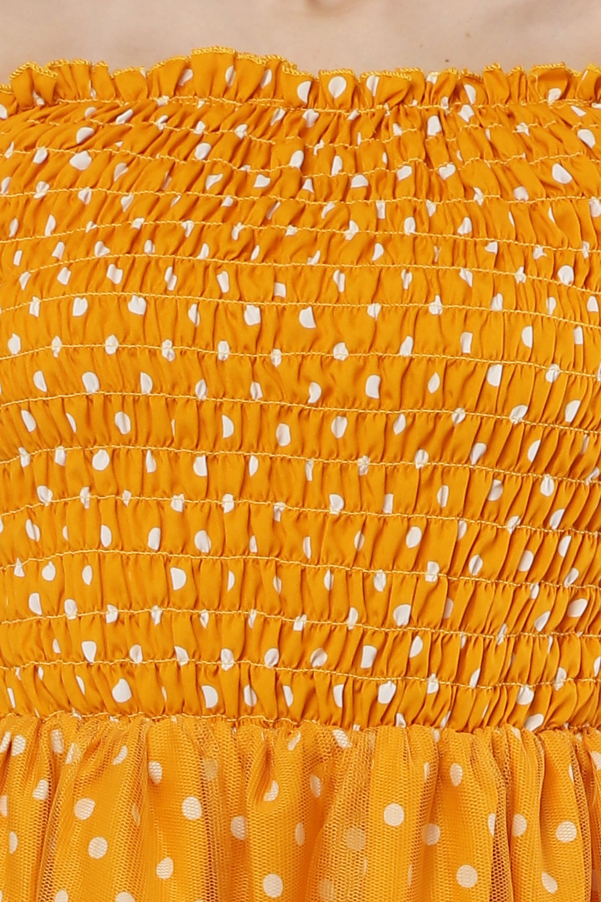 PAVONINE Mustard Color Polka Dot Net Kansai Dress For Women