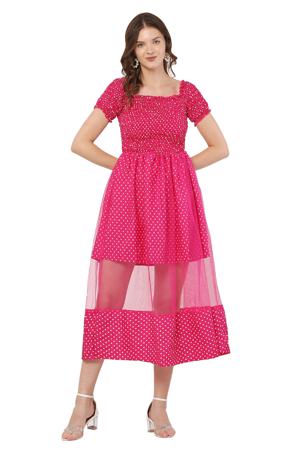 PAVONINE Rani Color Polka Dot Net Kansai Dress For Women