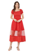 PAVONINE Red Color Polka Dot Net Kansai Dress For Women