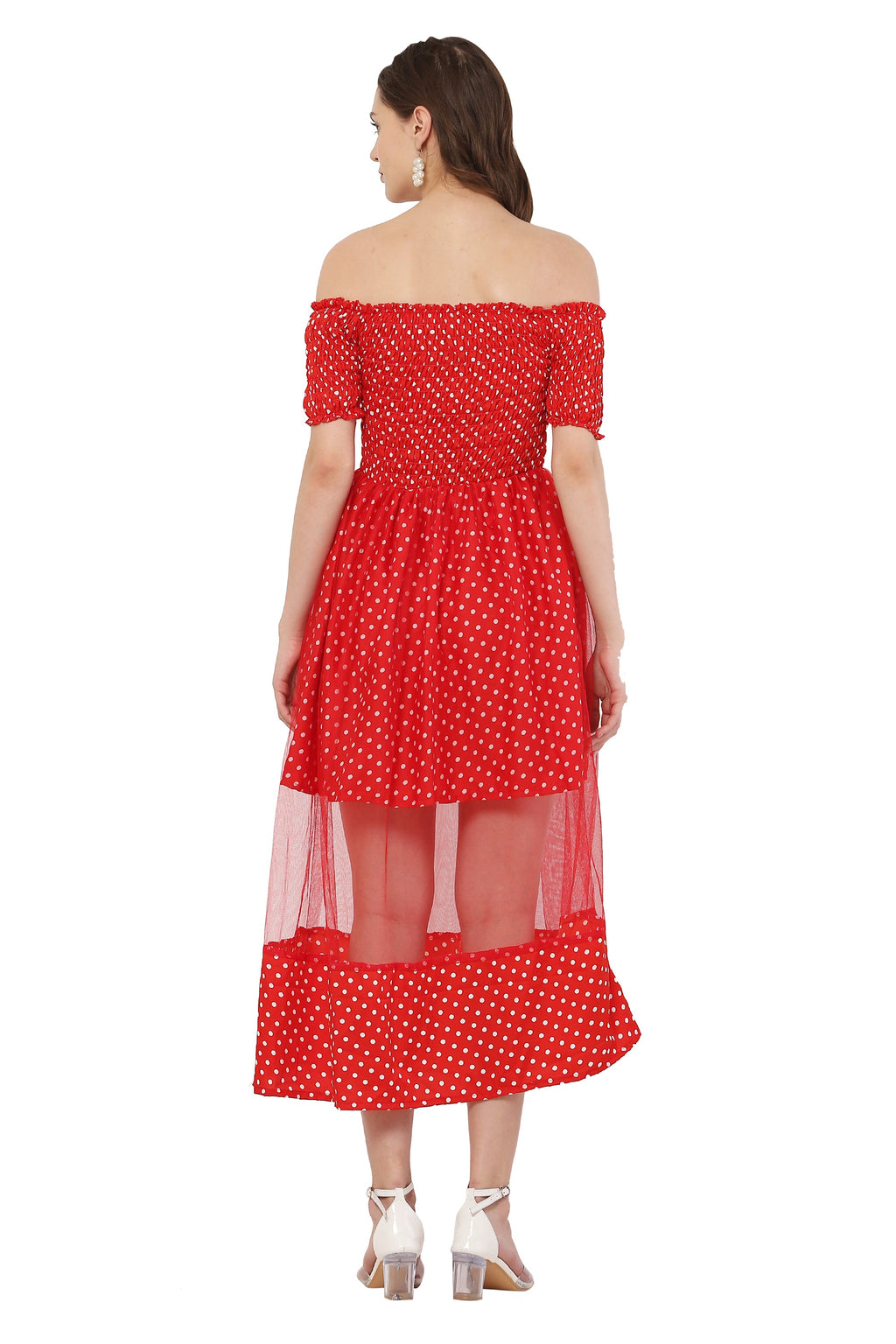 PAVONINE Red Color Polka Dot Net Kansai Dress For Women