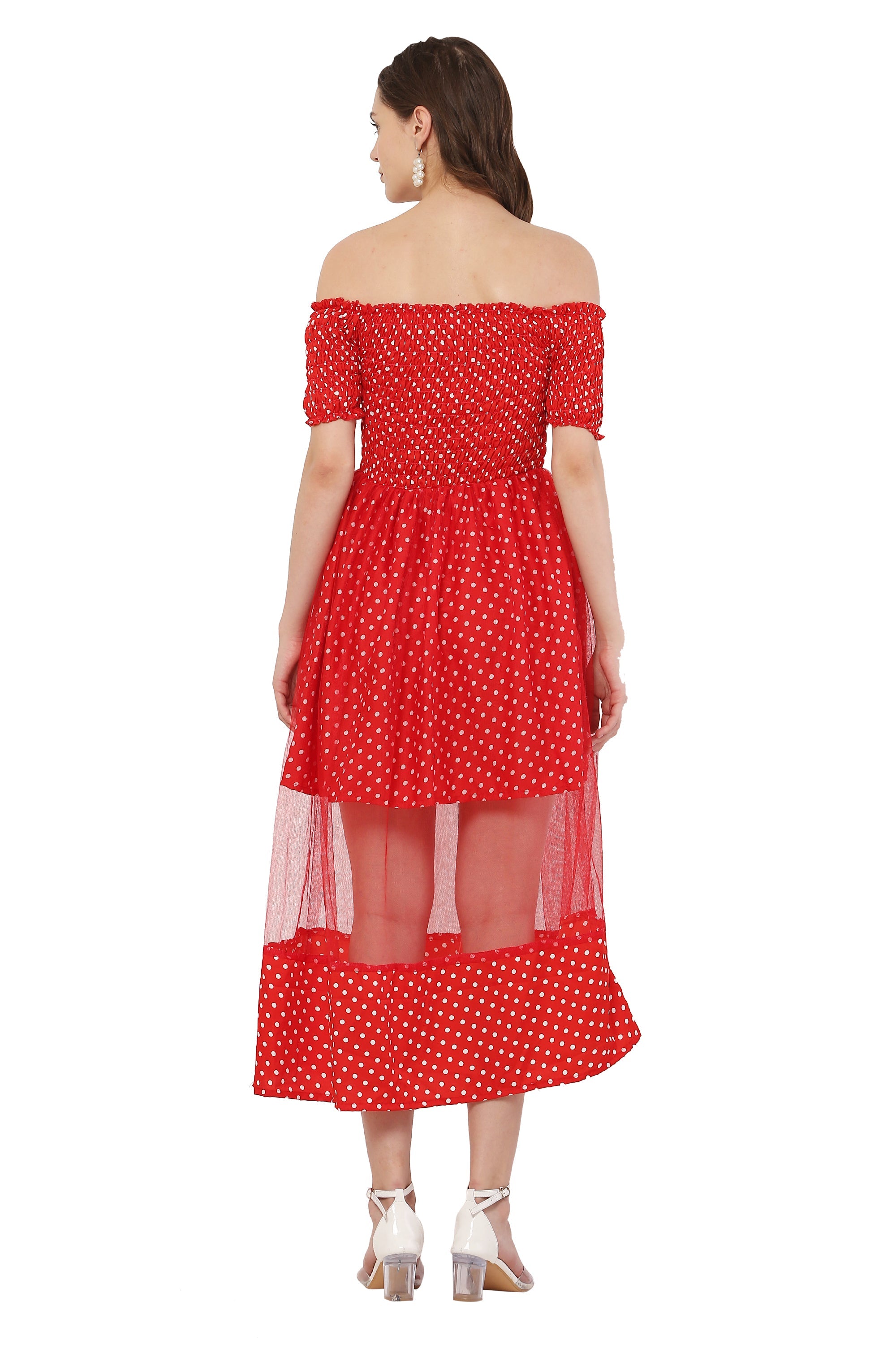 PAVONINE Red Color Polka Dot Net Kansai Dress For Women