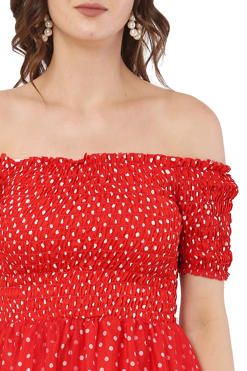 PAVONINE Red Color Polka Dot Net Kansai Dress For Women