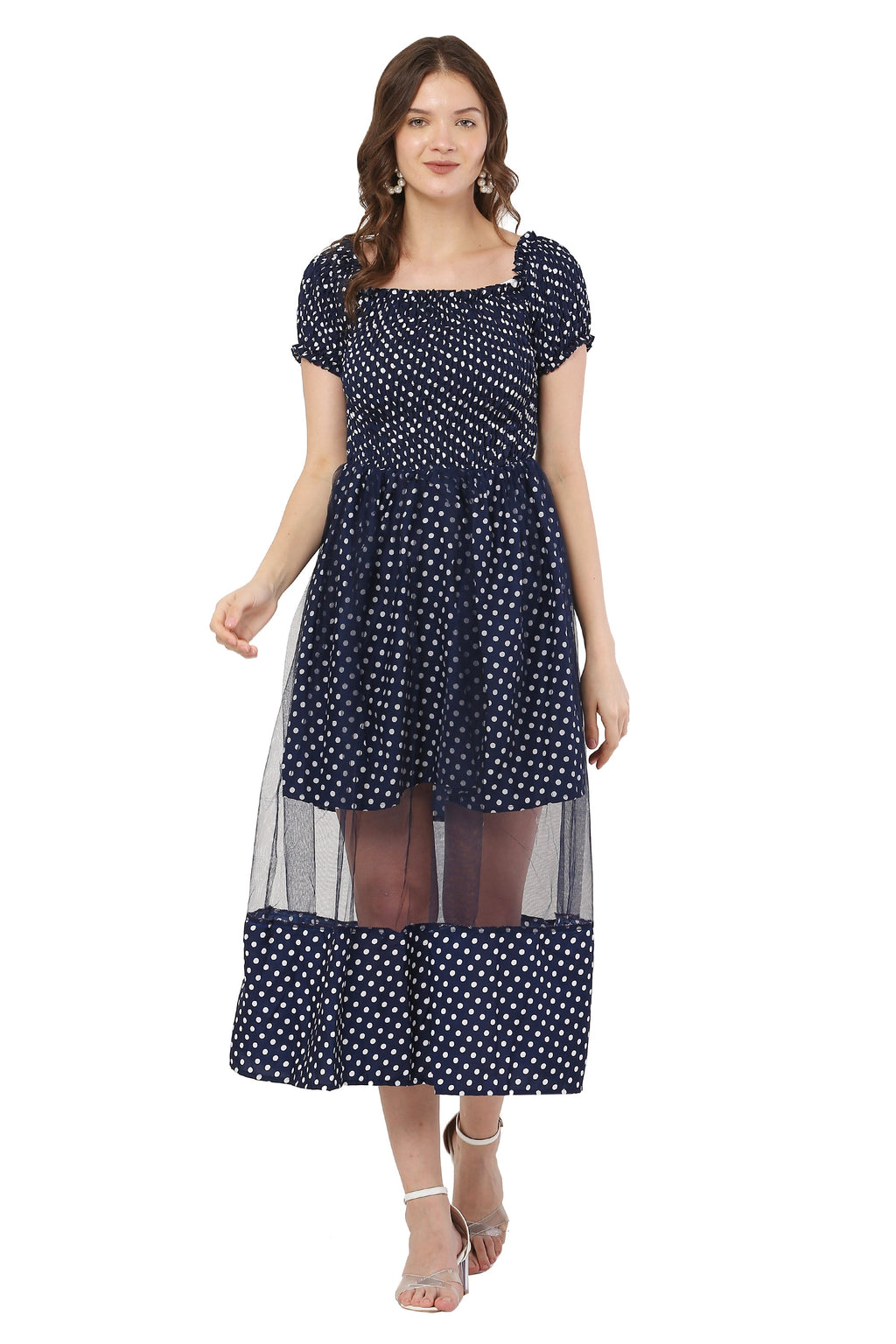 PAVONINE Navy Blue Color Polka Dot Net Kansai Dress For Women