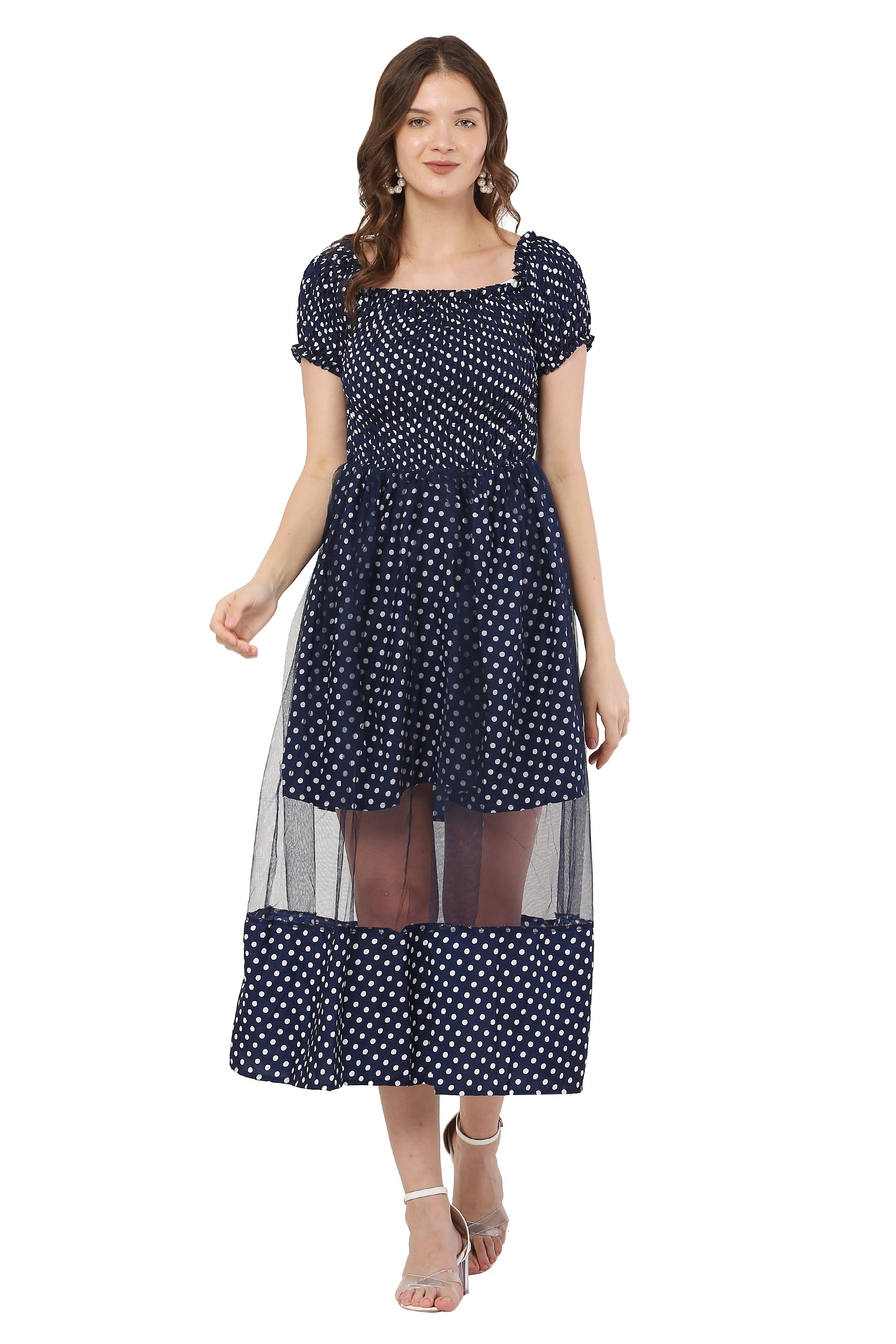 PAVONINE Navy Blue Color Polka Dot Net Kansai Dress For Women