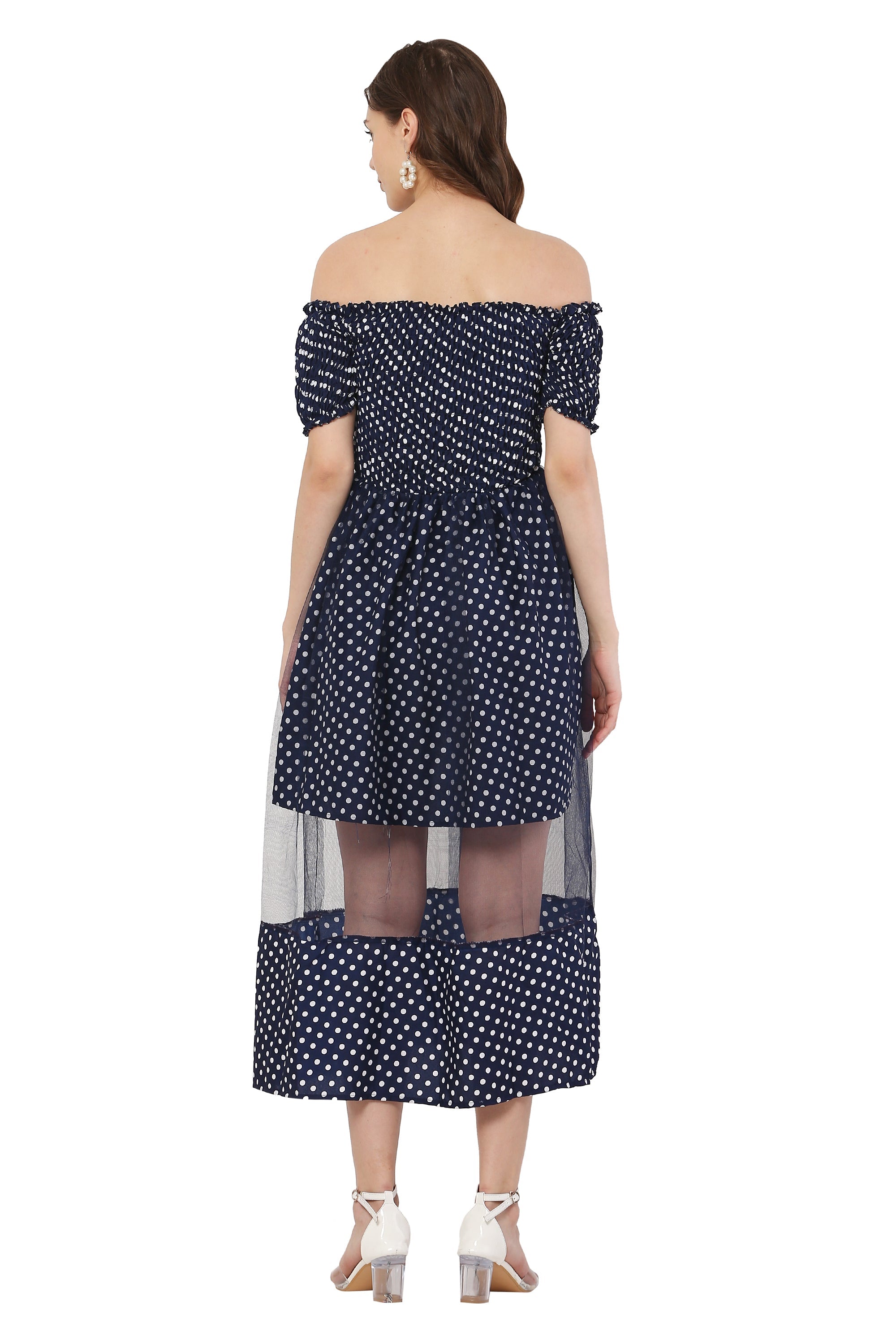 PAVONINE Navy Blue Color Polka Dot Net Kansai Dress For Women