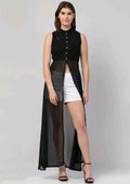 PAVONINE Black Color Shining Buttons Net Fabric Slit Dress For Women