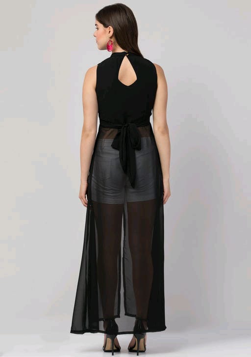 PAVONINE Black Color Shining Buttons Net Fabric Slit Dress For Women