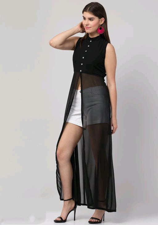 PAVONINE Black Color Shining Buttons Net Fabric Slit Dress For Women