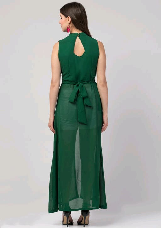 PAVONINE Bottle Green Color Shining Buttons Net Fabric Slit Dress For Women