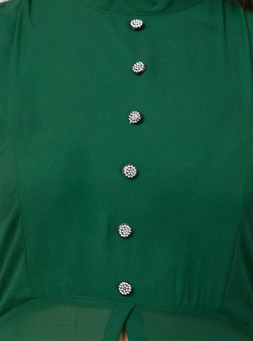 PAVONINE Bottle Green Color Shining Buttons Net Fabric Slit Dress For Women