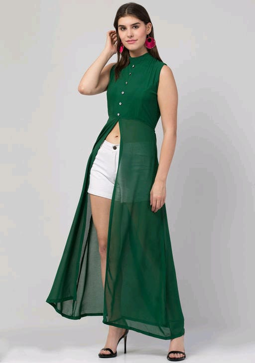 PAVONINE Bottle Green Color Shining Buttons Net Fabric Slit Dress For Women