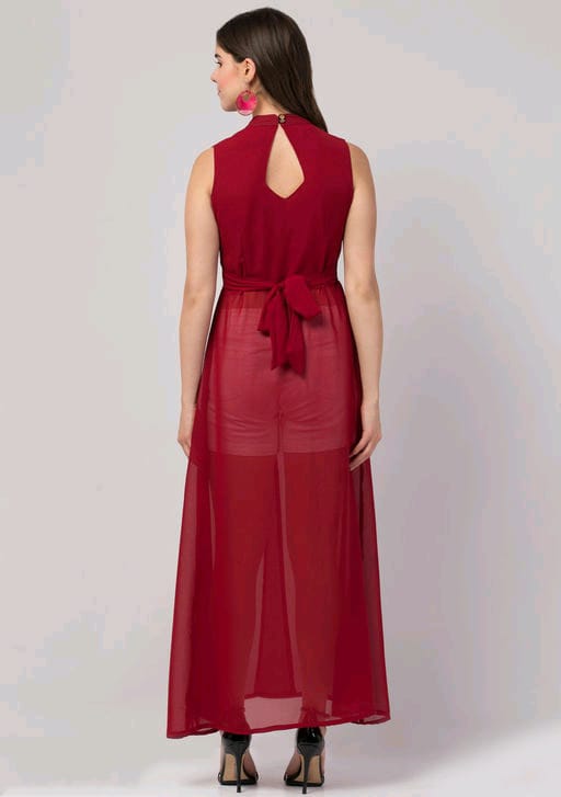 PAVONINE Maroon Color Shining Buttons Net Fabric Slit Dress For Women