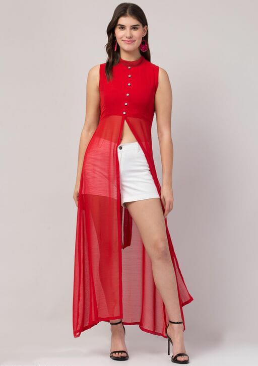 PAVONINE Red Color Shining Buttons Net Fabric Slit Dress For Women