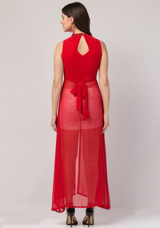 PAVONINE Red Color Shining Buttons Net Fabric Slit Dress For Women