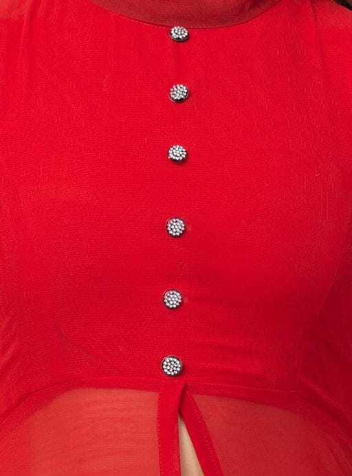 PAVONINE Red Color Shining Buttons Net Fabric Slit Dress For Women
