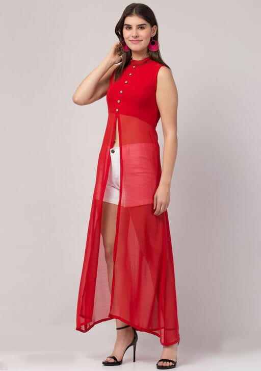 PAVONINE Red Color Shining Buttons Net Fabric Slit Dress For Women