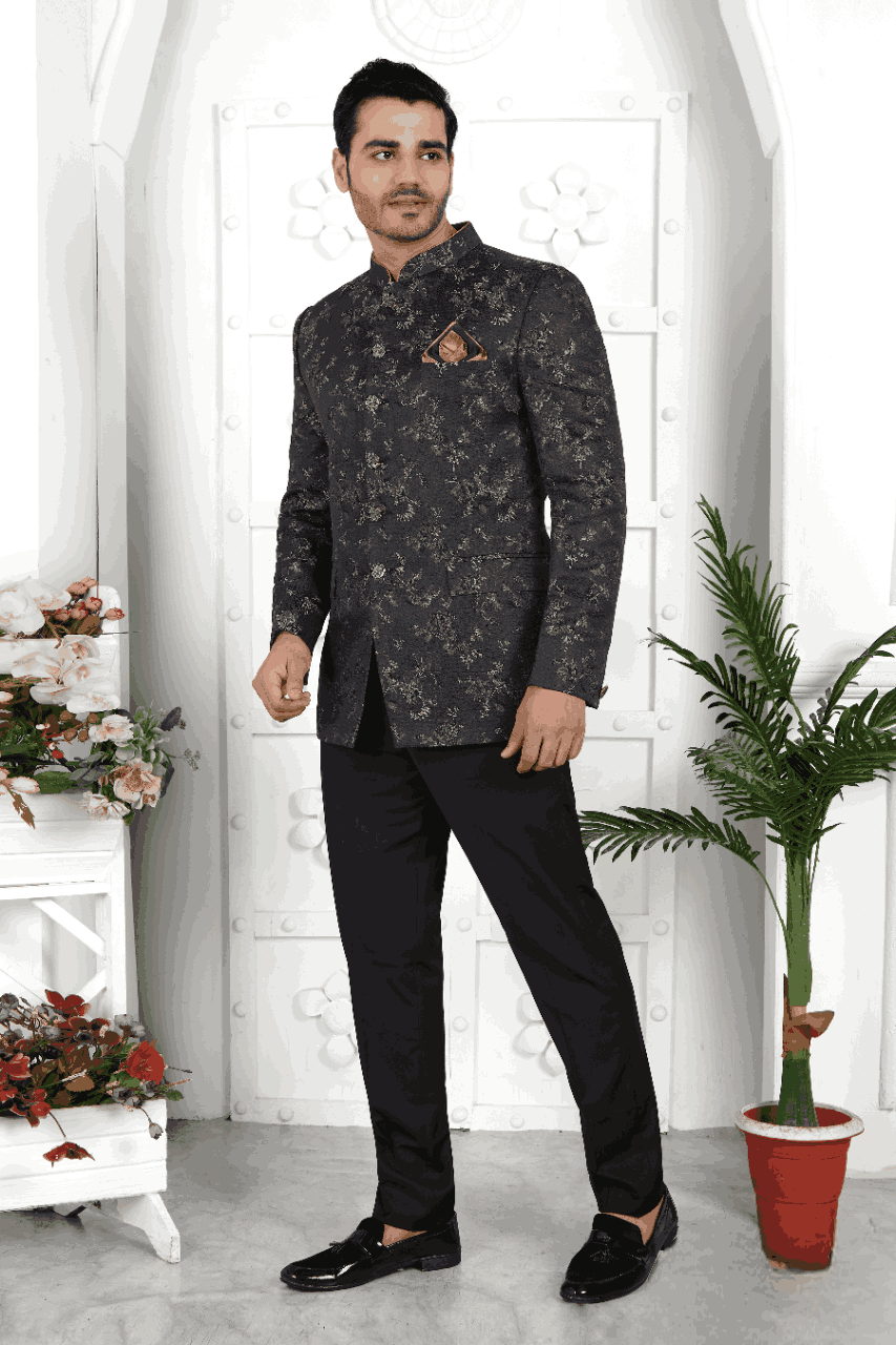 Raivat Ethnic Jacquard Silk Thread Work Jodhpuri In Black Colour