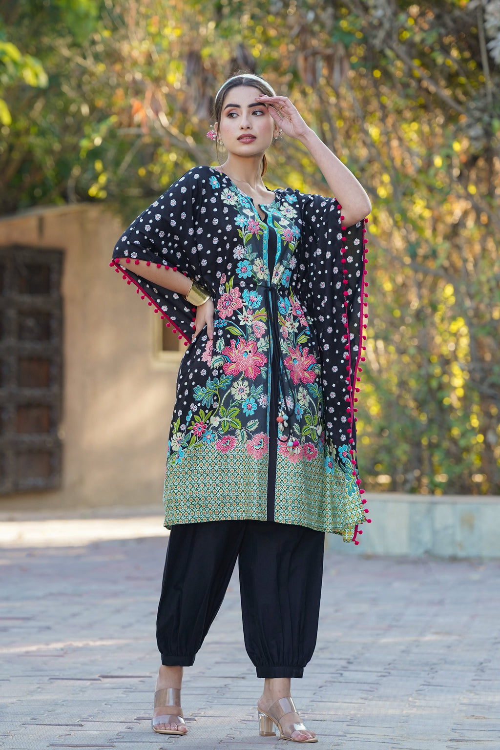 Juniper Womens Black Rayon Multi Color Floral Printed Kaftan