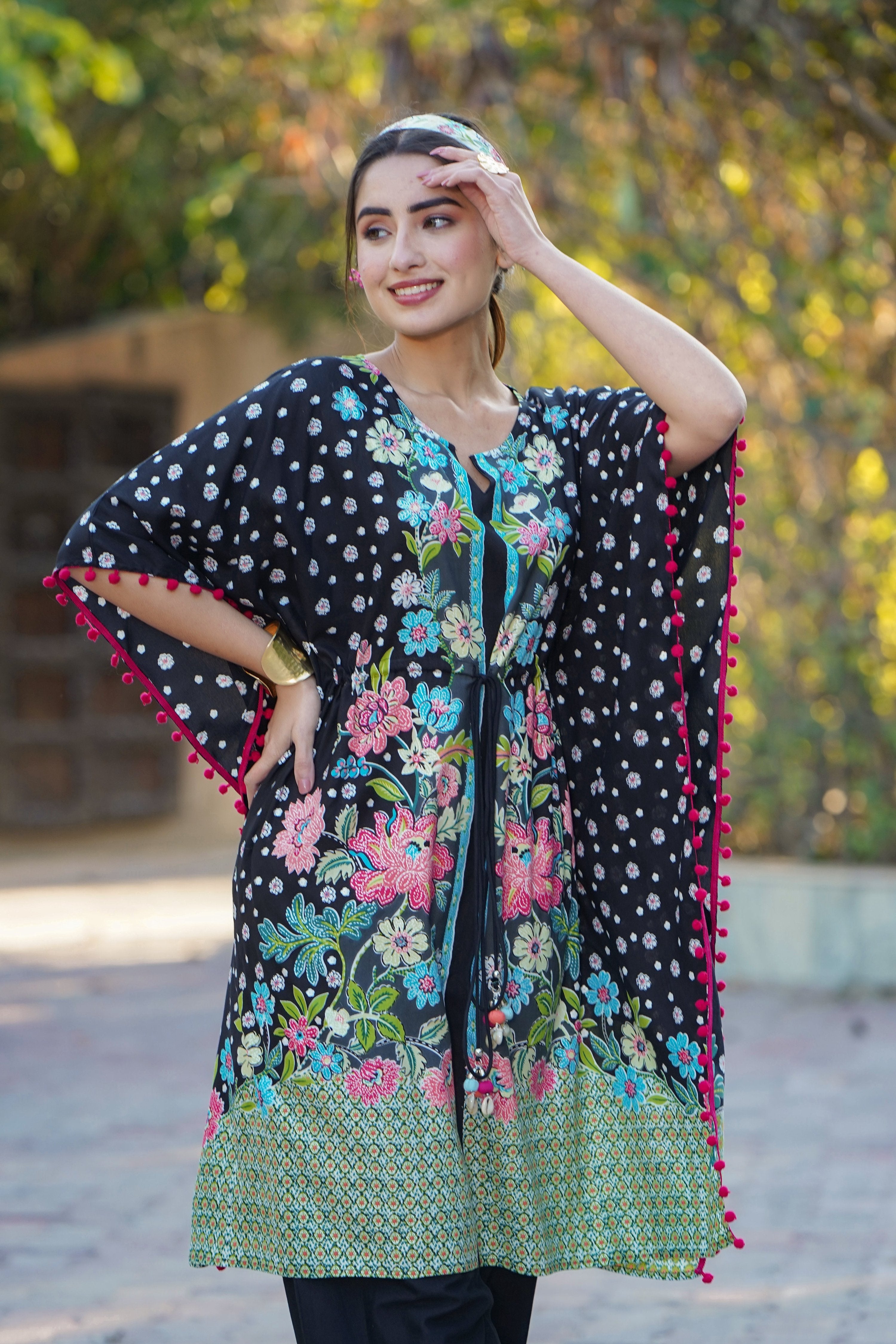 Juniper Womens Black Rayon Multi Color Floral Printed Kaftan