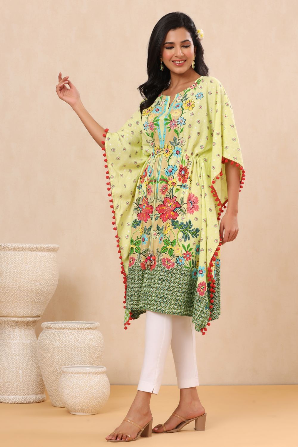 Juniper Womens Lime Yellow Rayon Multi Color Floral Printed Kaftan