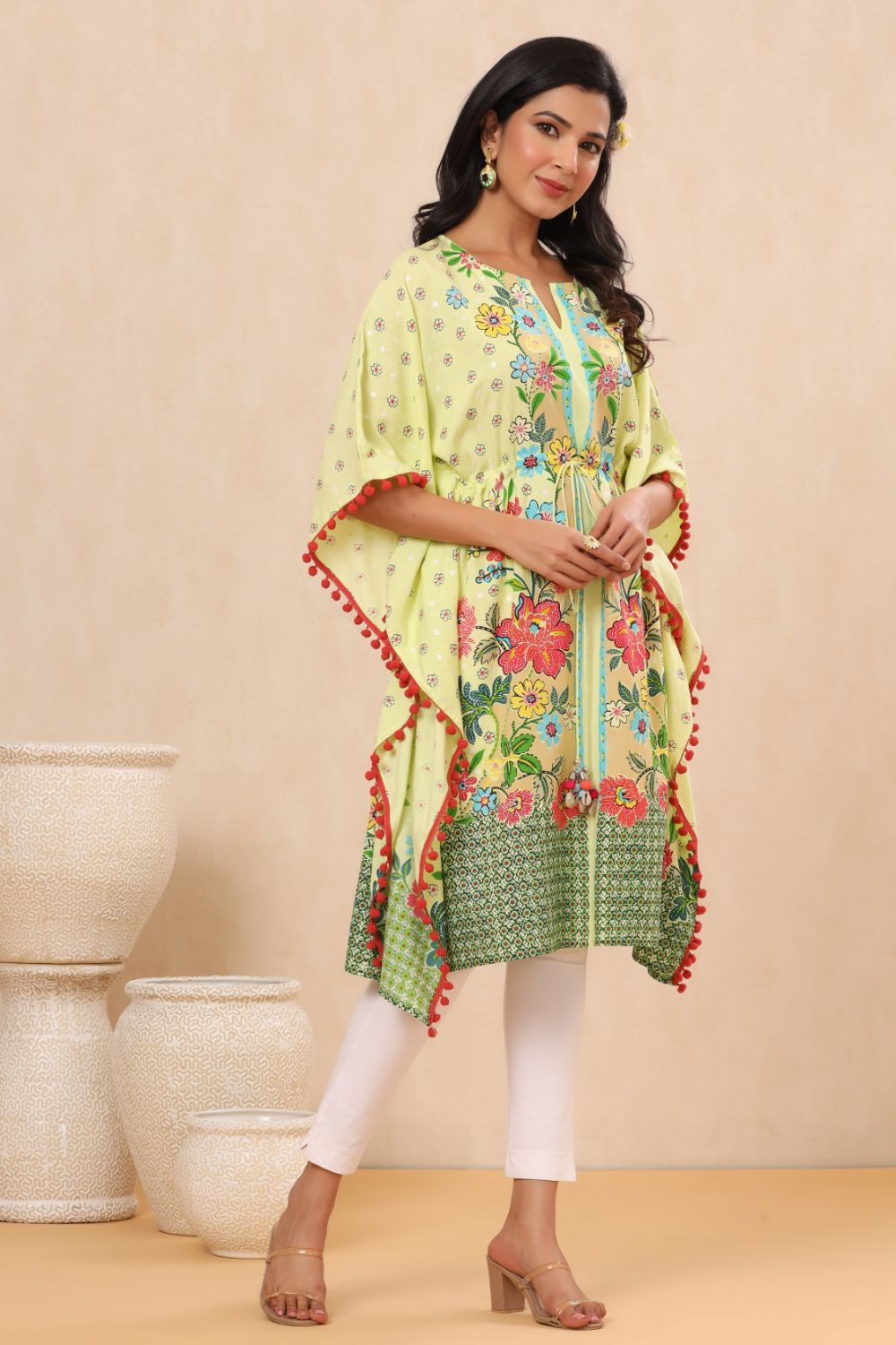 Juniper Womens Lime Yellow Rayon Multi Color Floral Printed Kaftan