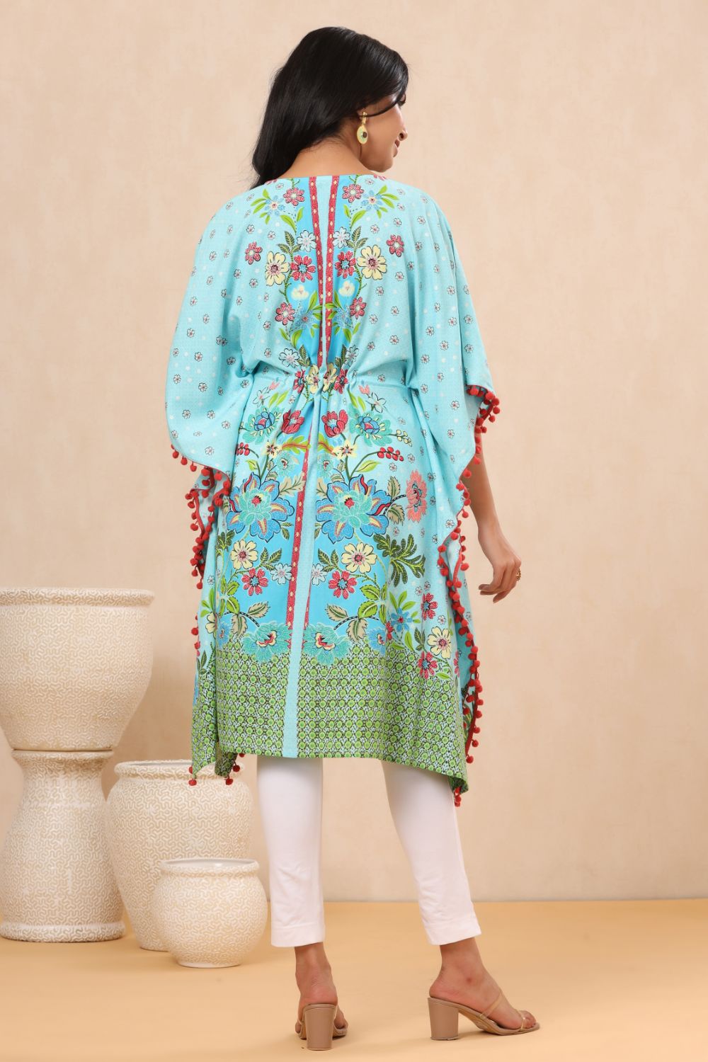 Juniper Womens Sky Blue Rayon Multi Color Floral Printed Kaftan