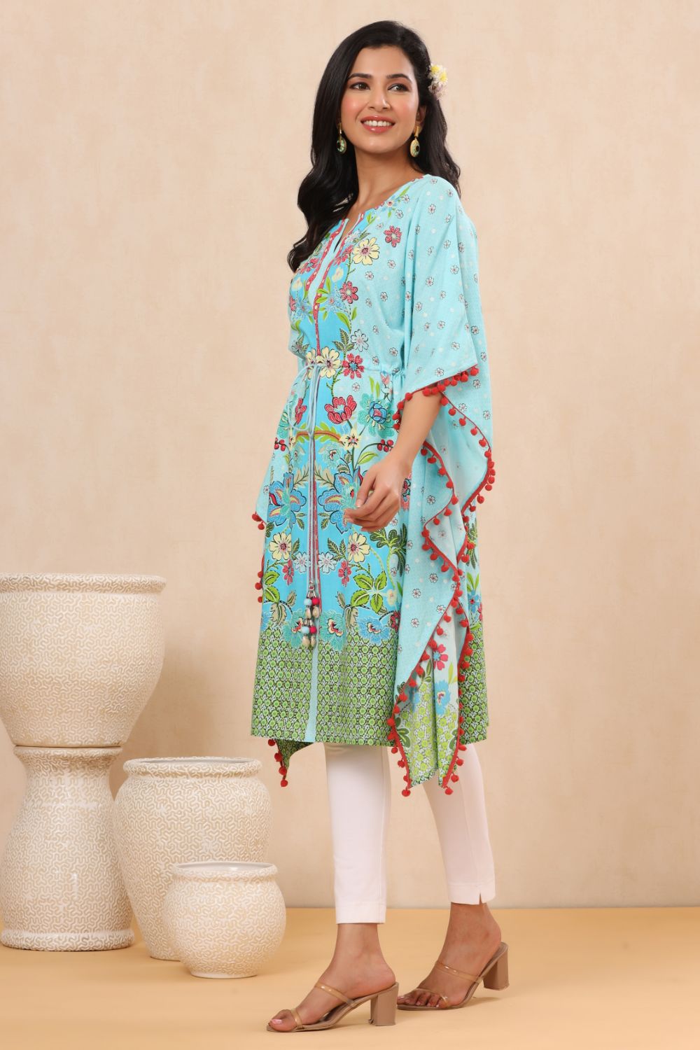 Juniper Womens Sky Blue Rayon Multi Color Floral Printed Kaftan