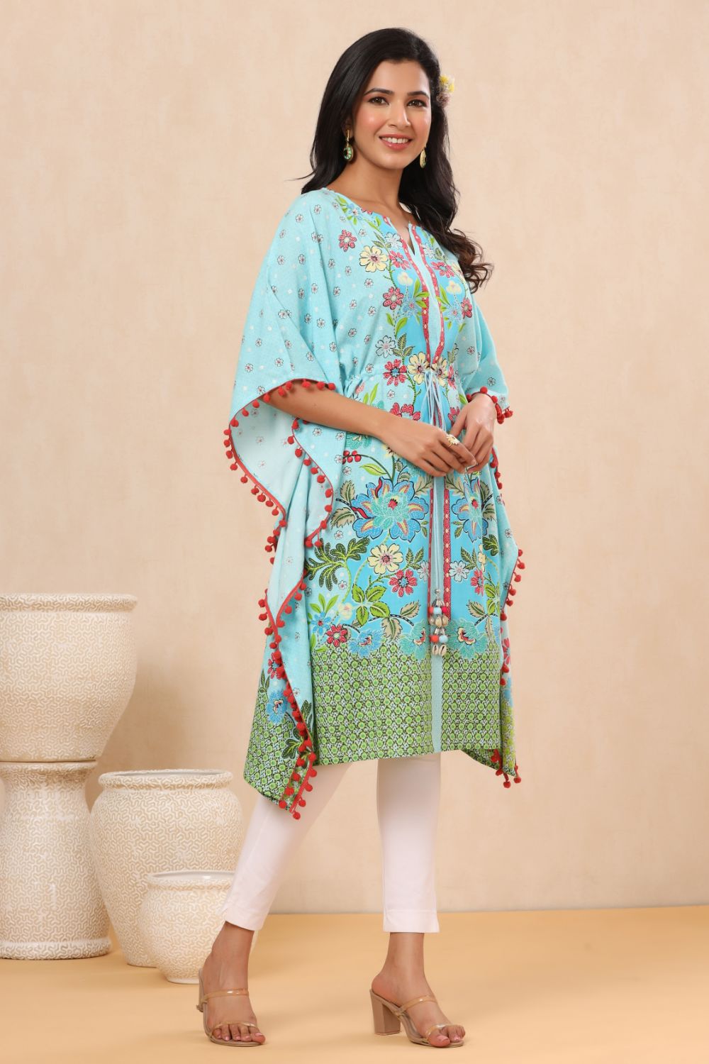 Juniper Womens Sky Blue Rayon Multi Color Floral Printed Kaftan