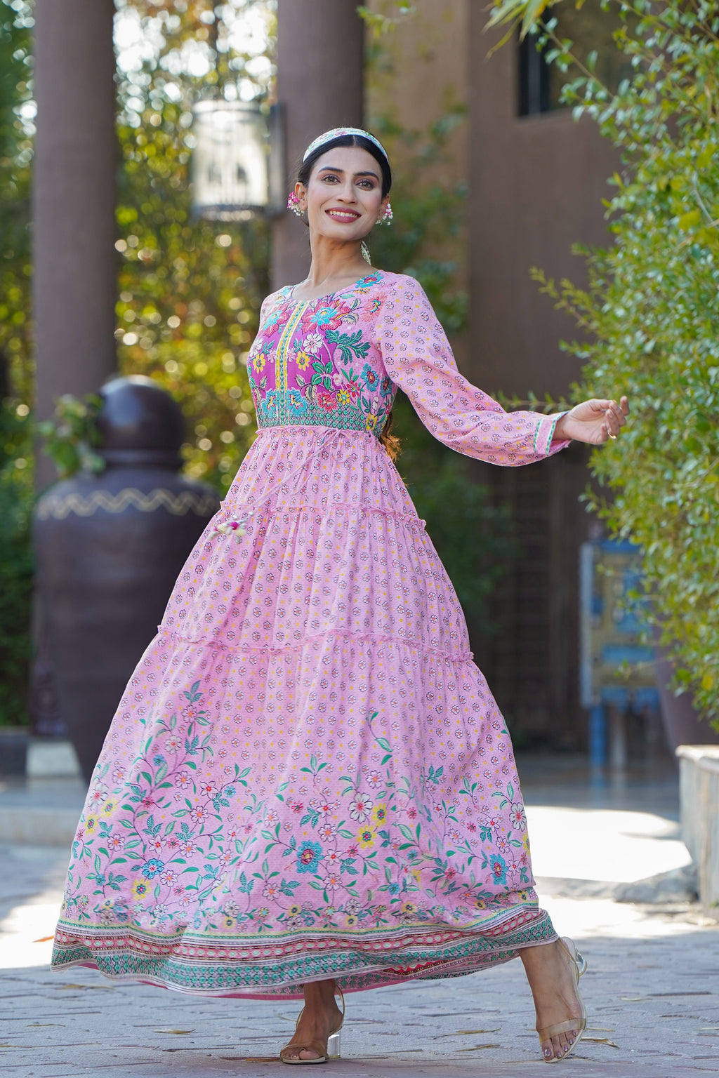Juniper Womens Pink Cambric Floral Printed Tiered Maxi Dress
